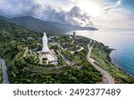 Aerial view of Ling Ung pagoda, Son Tra peninsula, Da Nang, Vietnam. Aerial view of Linh Ung pagoda which is one of the most famous destination for tourists.