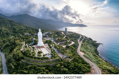 Aerial view of Ling Ung pagoda, Son Tra peninsula, Da Nang, Vietnam. Aerial view of Linh Ung pagoda which is one of the most famous destination for tourists. - Powered by Shutterstock