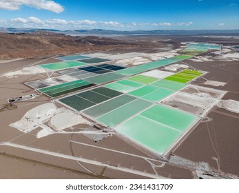 Aerial view of lithium fields in the Atacama desert in Chile, South America - a surreal landscape where batteries are born - Shutterstock ID 2341431709