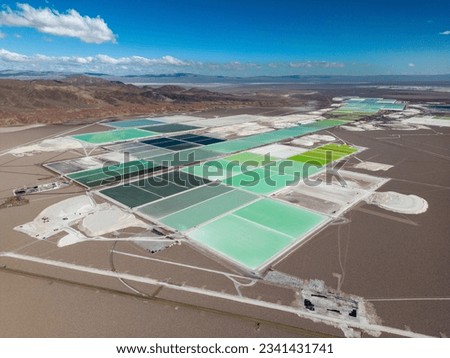 Aerial view of lithium fields in the Atacama desert in Chile, South America - a surreal landscape where batteries are born