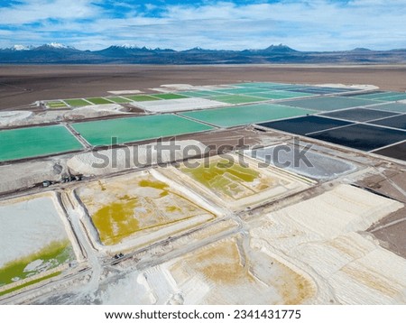 Aerial view of lithium fields in the Atacama desert in Chile, South America - a surreal landscape where batteries are born