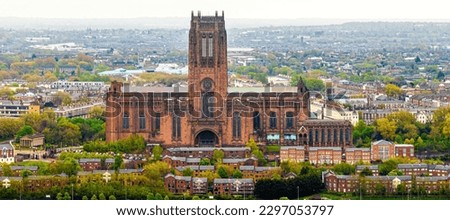 Aerial view of the Liverpool Cathedral, the seat of the Bishop of Liverpool and the biggest cathedral in Britain, UK