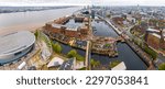 Aerial view of a Liverpool Waterfront, a lively cultural hub on the River Mersey, England, UK