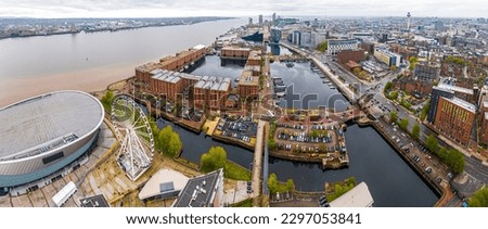 Aerial view of a Liverpool Waterfront, a lively cultural hub on the River Mersey, England, UK