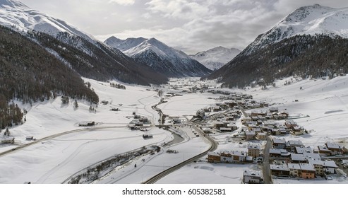 Aerial View Of Livigno Alps Ski Resort In Winter, Italy