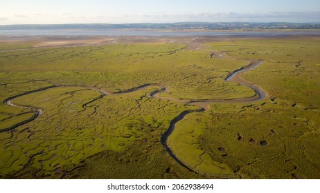 An aerial view of Llanrhidian marsh, The Gower, Wales, UK