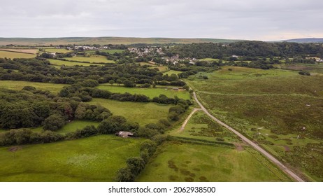 An aerial view of Llanrhidian marsh and village, The Gower, Wales, UK