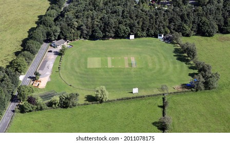 Aerial View Of A Local Village Cricket Pitch And Pavilion In Yorkshire, UK