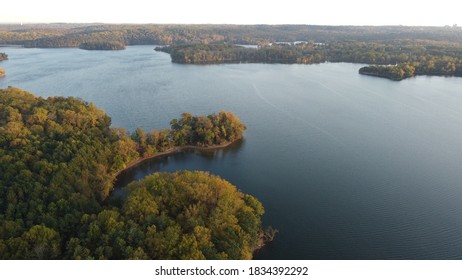 Aerial View Of Loch Raven Reservoir Shore At Sunset