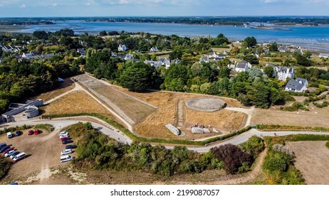 Aerial View Of The Locmariaquer Megalith Site Near Carnac In Brittany, France - Neolithic Tumulus, Cairn And Menhir Made Out Of Limestone In Morbihan