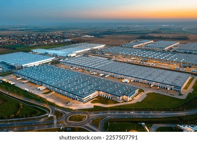 Aerial view of the logistics center in the evening - Shutterstock ID 2257507791