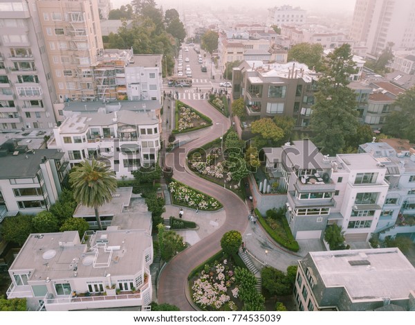 Aerial View of Lombard Street San Francisco\
California Most Crooked Street in the\
World