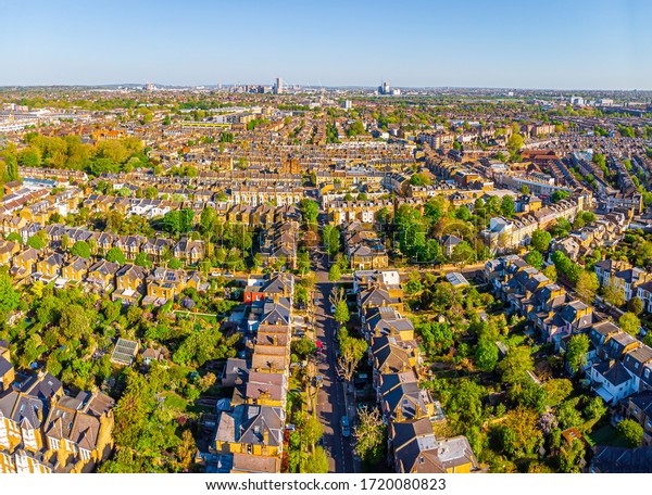 Aerial view of\
London suburb in the morning,\
UK