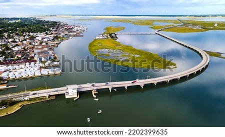 Aerial view of the Long Bridge to Chincoteague Island in Virginia. Reserve with a wide variety of birds and wild horses.