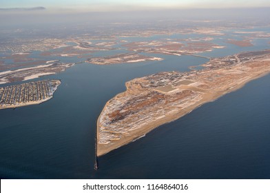 Aerial View Of The Long Island's South Coast With The Jones Beach Island In Foreground And The Town Of Point Lookout NY In Background.