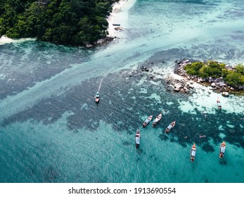 Aerial view of the long tail boats on tropical sea satun, Thailand
