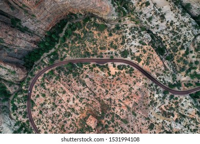 Aerial View Of A Long, Winding Road In Zion National Park, Utah