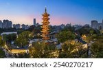 Aerial view of Longhua Temple and Longhua Pagoda in Shanghai at night