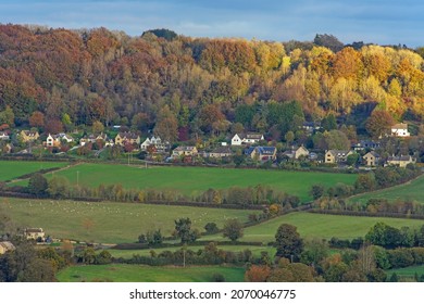 An Aerial View Of Longridge And Longridge Wood At Twilight In Autumn, The Cotswolds, Gloucestershire, UK