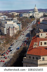 Aerial View Looking Down Pennsylvania Avenue With The US Capitol Building In Washington Dc