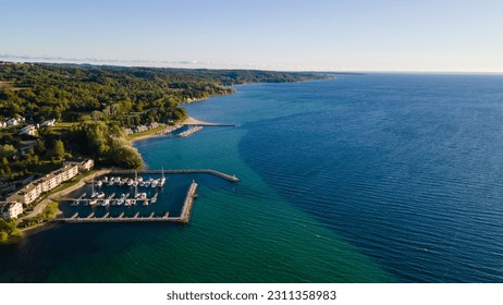 Aerial view looking north from the town of Suttons Bay in the Grand Traverse Bay of Lake Michigan - Shutterstock ID 2311358983
