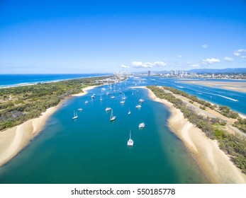 An aerial view looking over the Broadwater towards Surfers Paradise on the Gold Coast 
