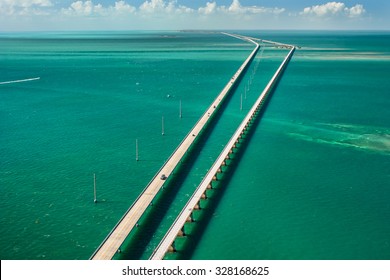 aerial view looking west along the seven mile bridge of US1 to the florida keys