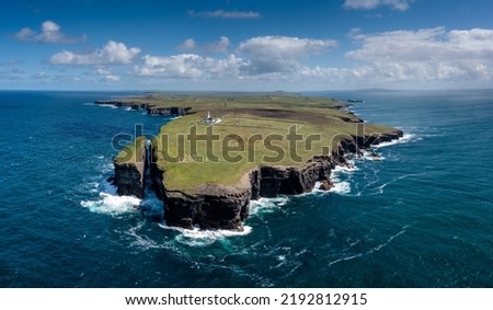 An aerial view of the Loop Head Lighthouse in County Clare in western Ireland