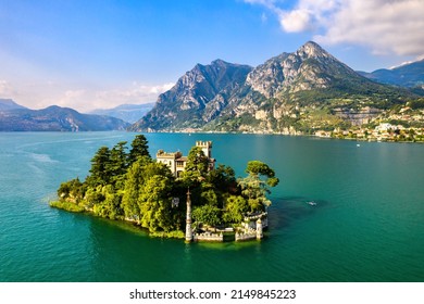 Aerial view of Loreto Island with the castle on Lake Iseo in Northern Italy - Shutterstock ID 2149845223