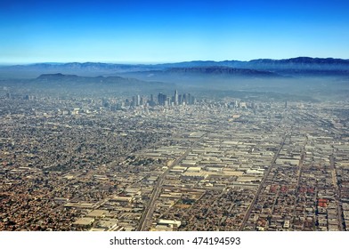 Aerial View Los Angeles Downtown And San Gabriel Mountains At Los Angeles County In California USA Detail Exterior Satellite Landmark