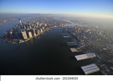 Aerial View Of Lower Manhattan, Brooklyn Bridge, Manhattan Bridge And Downtown Brooklyn, Brooklyn, New York