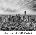 Aerial view of Lower Manhattan at sunset.