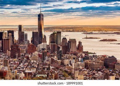 Aerial view of the Lower Manhattan at sunset