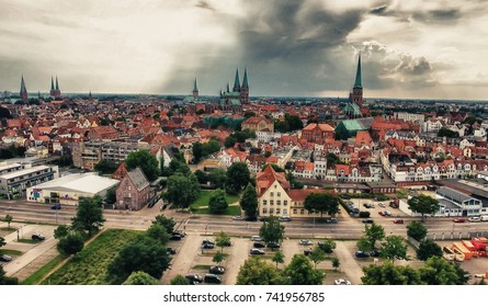 Aerial view of Lubeck at sunset, Germany.