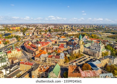 Aerial view of Lublin city. Old town in Lublin with the Krakow Gate and the Cathedral visible.