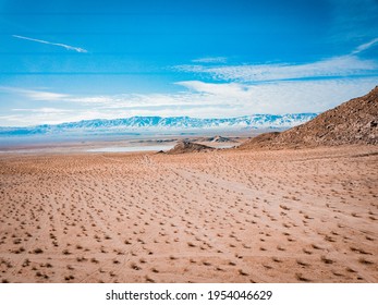 Aerial View In Lucerne Valley California.  Winter. Snow Mountains