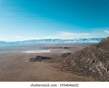 Aerial View In Lucerne Valley California.  Winter. Snow Mountains