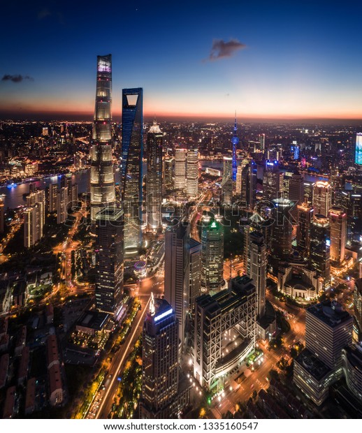aerial view of\
Lujiazui, Shanghai, at\
sunset