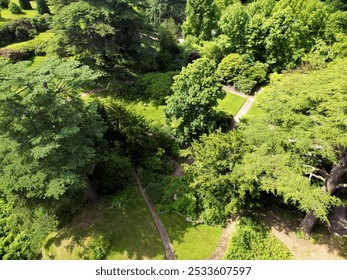 Aerial view of a lush green park with various trees and walking paths on a sunny day. - Powered by Shutterstock