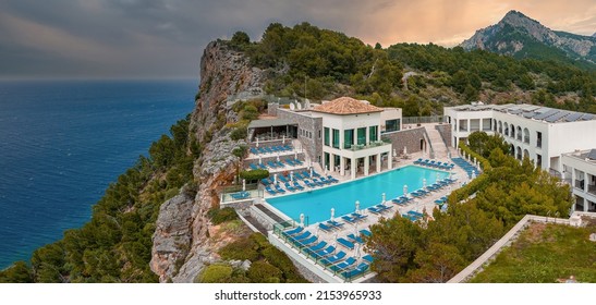 Aerial View Of The Luxury Cliff House Hotel On Top Of The Cliff On The Island Of Mallorca, Spain.