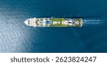 Aerial view luxury ocean cruise ship on clam blue sea, Elegant modern travel lifestyle, Luxury cruise ship liner modern maritime business ocean tourism, Global business cruise ship liner industry.
