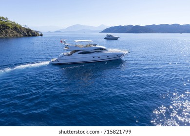 Aerial View Of Luxury Yacht On Sea In Bodrum, Turkey