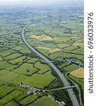 Aerial view of M5 motorway meandering through the Somerset countryside