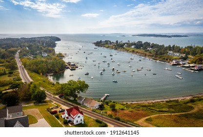 Aerial View Of Mackerel Cove On Bailey Island Off The Coast Of Maine