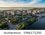 Aerial view of Madison city downtown at sunset, Wisconsin