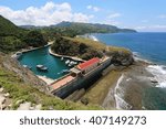 Aerial view of the Mahatao sheltered port at Batan island in Batanes, Philippines