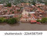 Aerial view of the main square of the town of Santa Cruz de Mompox and the port building on the banks of the Magdalena river. Bolivar Department .Colombia