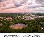 Aerial view of Maitland and Lake Lily at dusk. Located north of Orlando, Florida May 29,2022