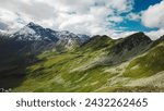 Aerial view of majestic mountain peak Vorderer Geisslkopf in High Tauern National Park, Carinthia, Austria. Idyllic hiking trail Austrian Alps. Wanderlust paradise. Sense of exploration. Nature escape