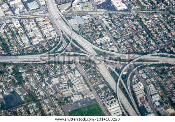 Aerial View of Major Freeway Intersection in Los\
Angeles, California, USA
